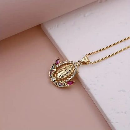 Simple Style Shiny Virgin Mary Copper Plating Inlay Zircon 18k Gold Plated Pendant Necklace