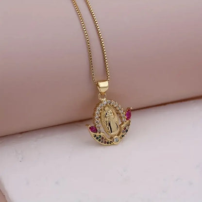 Simple Style Shiny Virgin Mary Copper Plating Inlay Zircon 18k Gold Plated Pendant Necklace