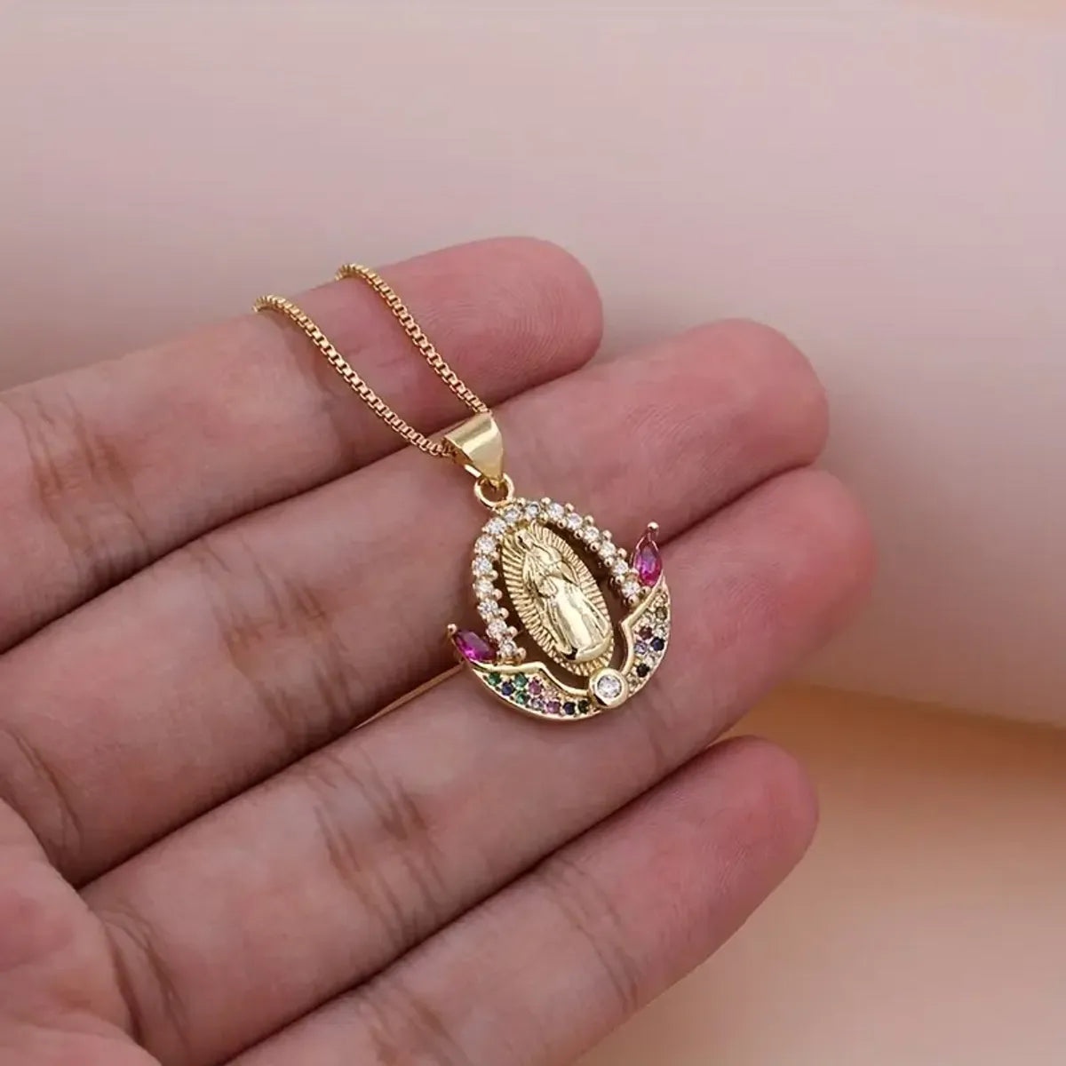 Simple Style Shiny Virgin Mary Copper Plating Inlay Zircon 18k Gold Plated Pendant Necklace