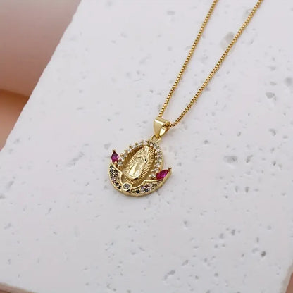 Simple Style Shiny Virgin Mary Copper Plating Inlay Zircon 18k Gold Plated Pendant Necklace