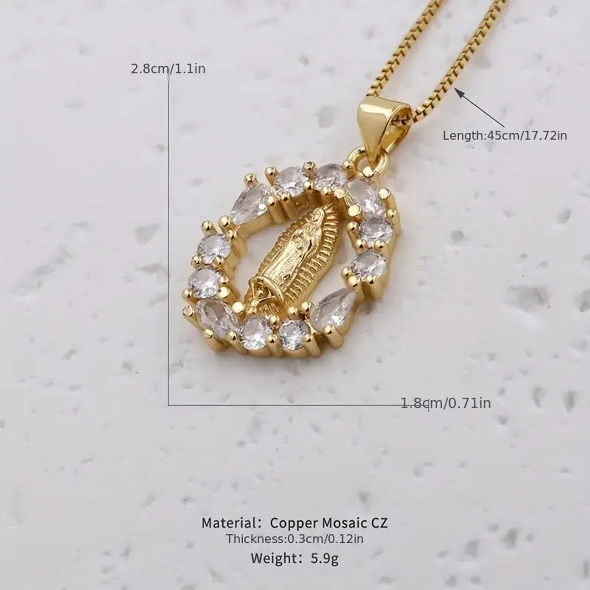 Simple Style Shiny Virgin Mary Oval Copper Plating Inlay Zircon 18k Gold Plated Pendant Necklace