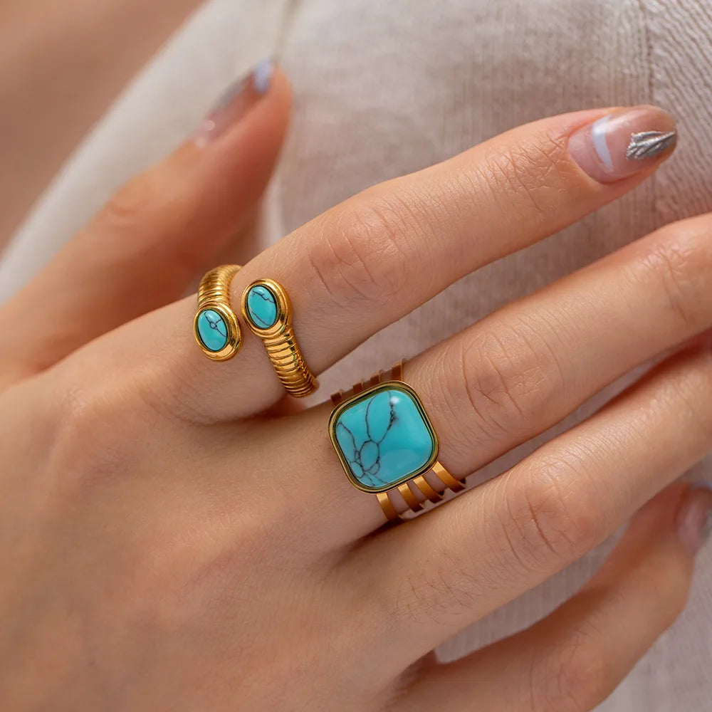 Wholesale Jewelry Simple Style Snake 316 Stainless Steel  Turquoise Gold Plated Open Ring