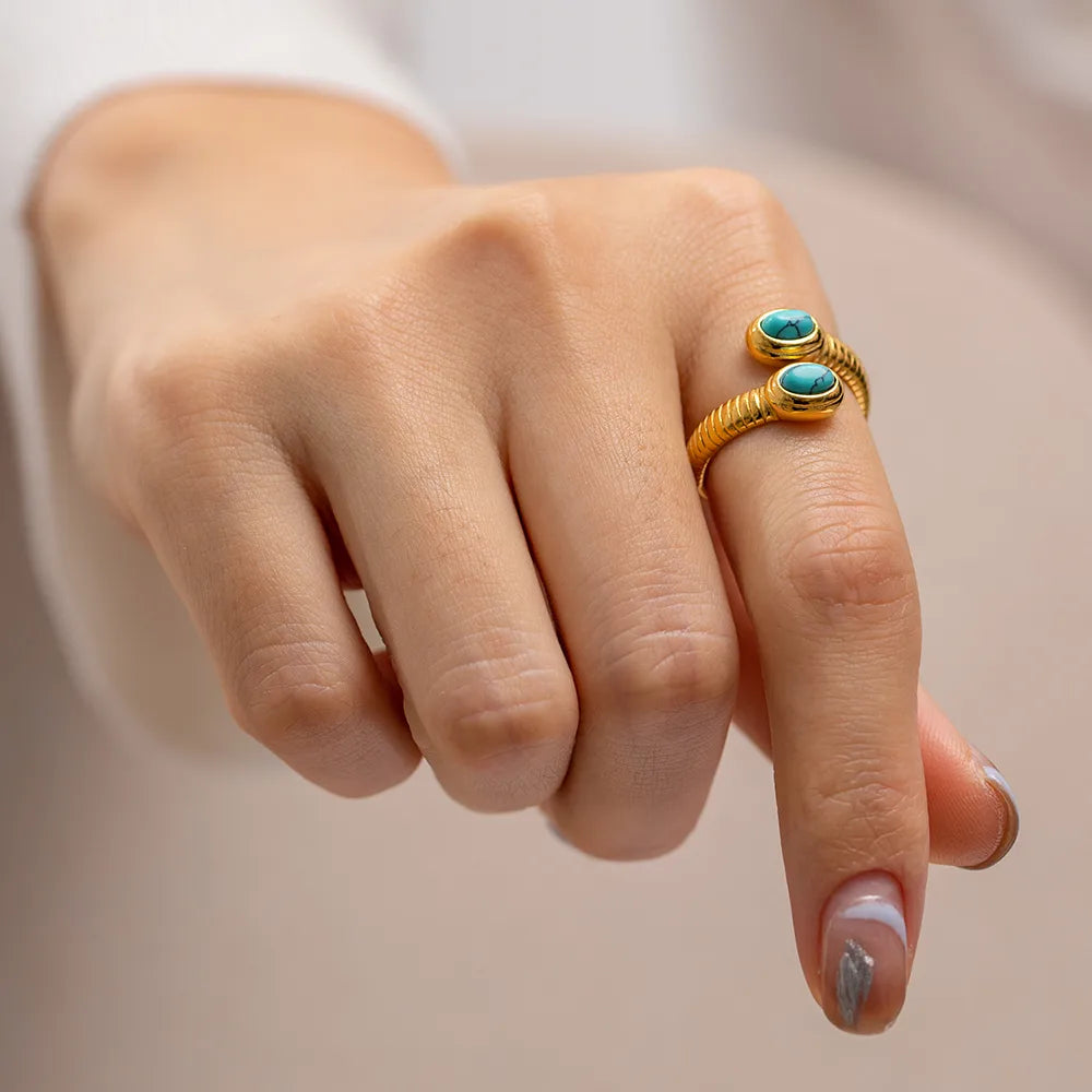 Wholesale Jewelry Simple Style Snake 316 Stainless Steel  Turquoise Gold Plated Open Ring