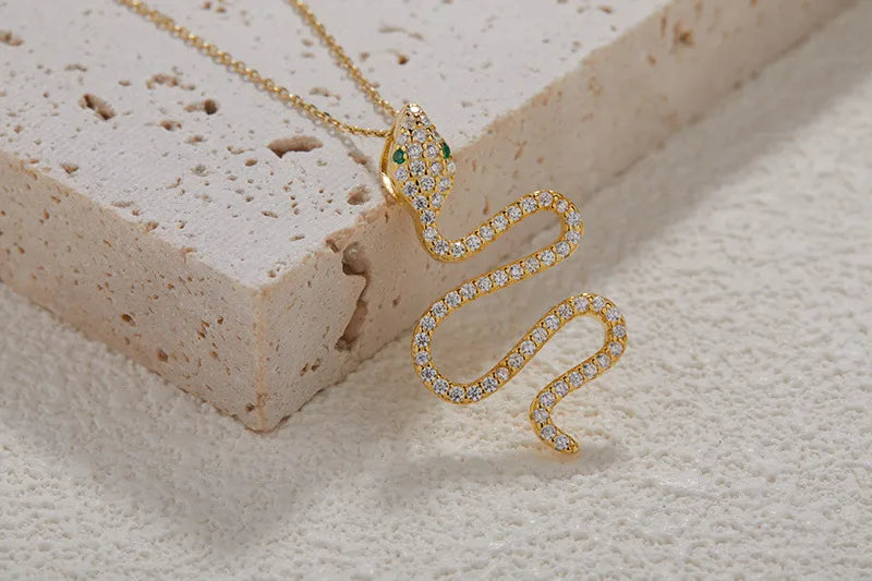 Simple Style Snake Sterling Silver Inlay Zircon Pendant Necklace