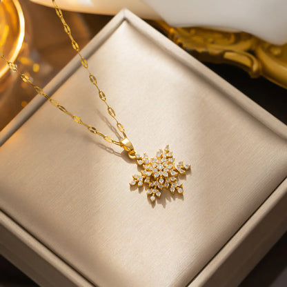 Simple Style Snowflake Stainless Steel Plating Inlay Zircon 18k Gold Plated Pendant Necklace