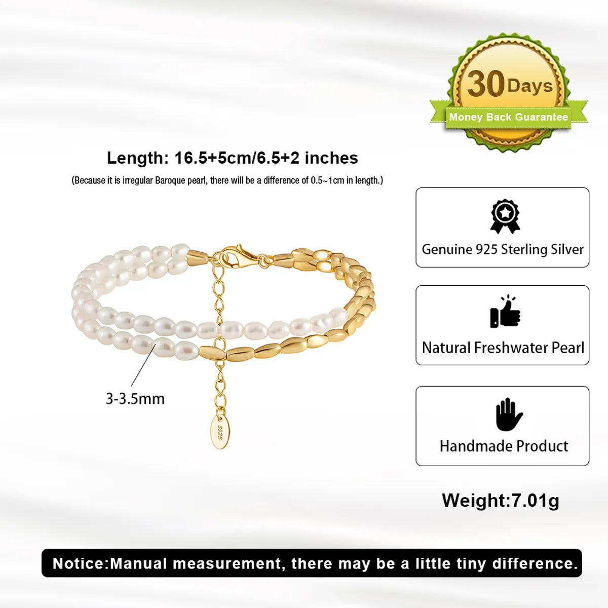 Simple Style Solid Color Freshwater Pearl Sterling Silver 14K Gold Plated Bracelets In Bulk