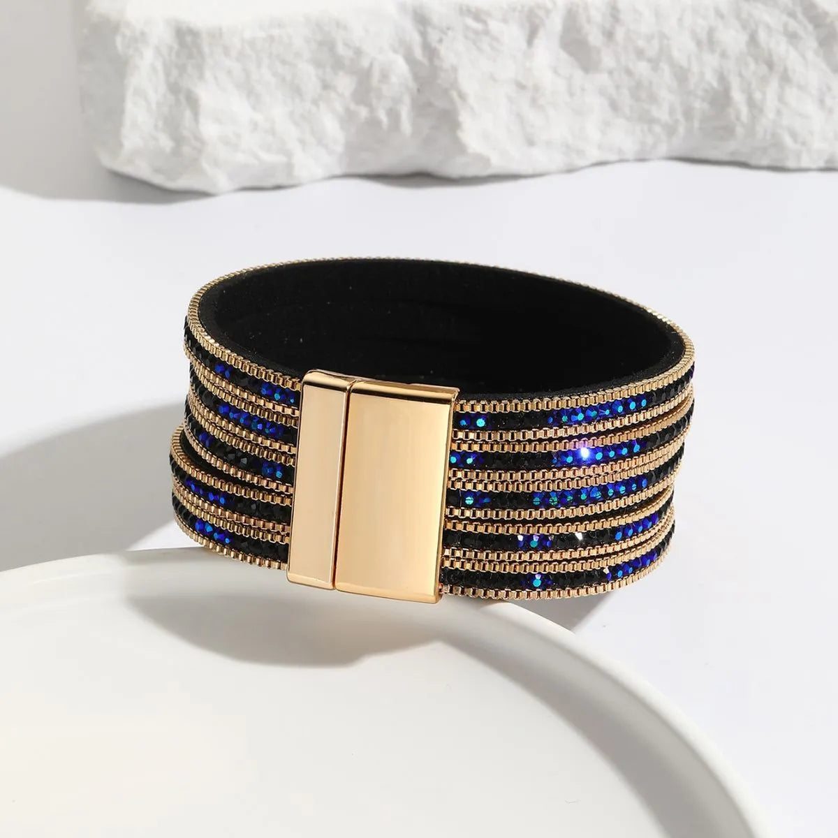 Simple Style Solid Color Pu Leather Inlay Artificial Diamond Women's Bangle