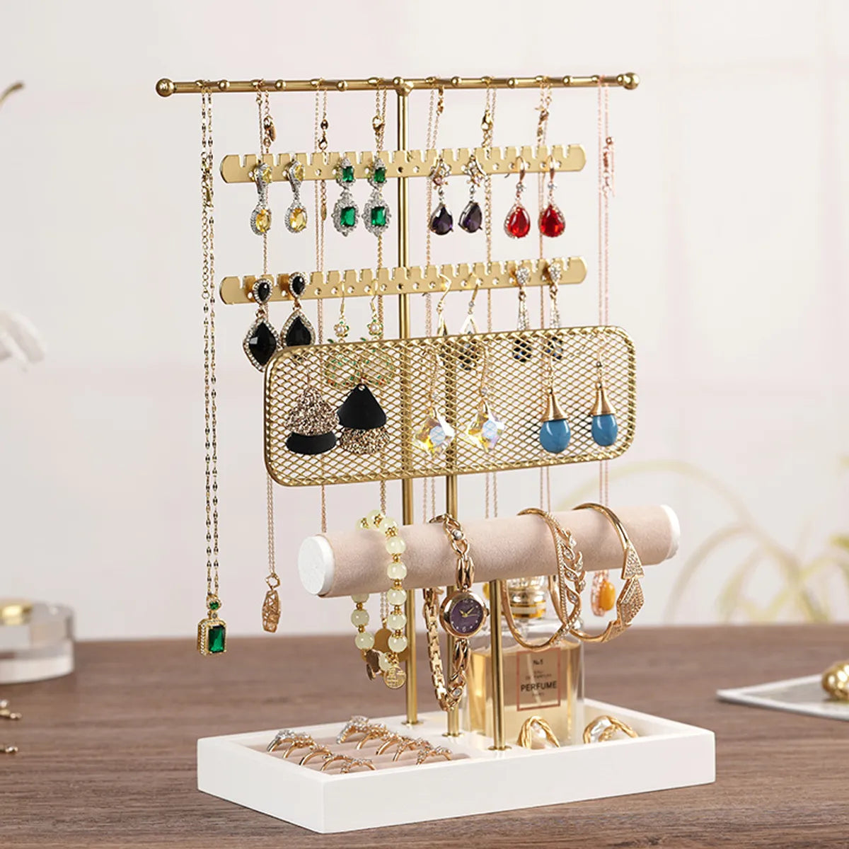 Simple Style Solid Color Solid Wood Jewelry Rack