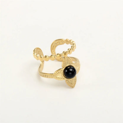 Wholesale Jewelry Simple Style Solid Color 304 Stainless Steel Natural Stone 18K Gold Plated Plating Inlay Open Ring