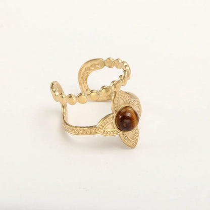 Wholesale Jewelry Simple Style Solid Color 304 Stainless Steel Natural Stone 18K Gold Plated Plating Inlay Open Ring