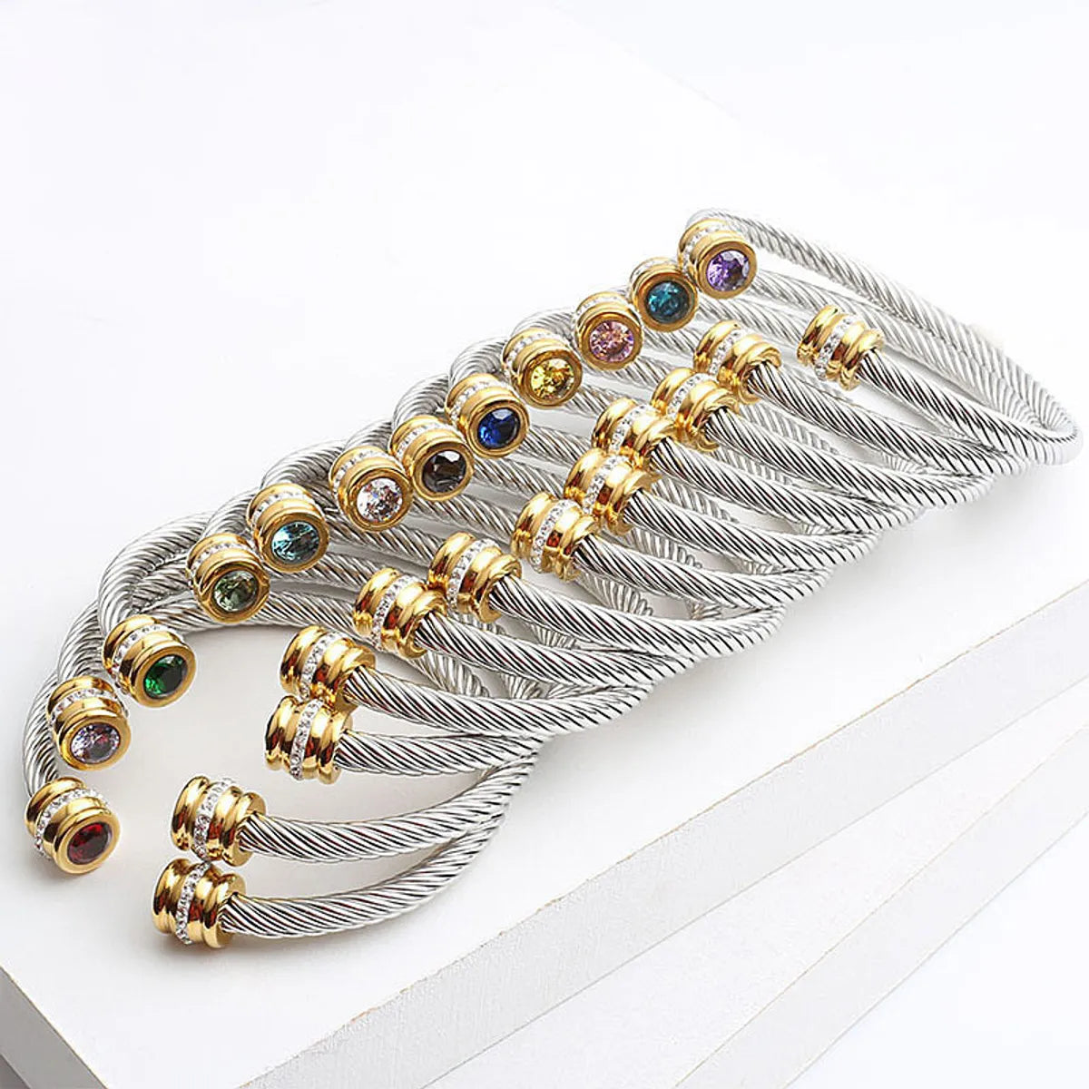 Simple Style Solid Color Stainless Steel Inlay Zircon Cuff Bracelets