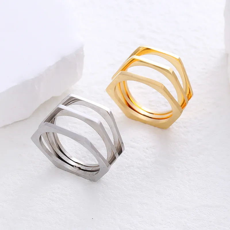 304 Stainless Steel 18K Gold Plated Simple Style Plating Hollow Out Solid Color No Inlaid Rings