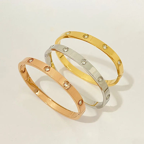 Simple Style Solid Color Stainless Steel Plating Inlay Artificial Gemstones Bangle