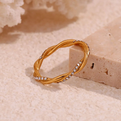 Wholesale Jewelry Simple Style Solid Color 304 Stainless Steel Rhinestones 18K Gold Plated Plating Inlay Rings