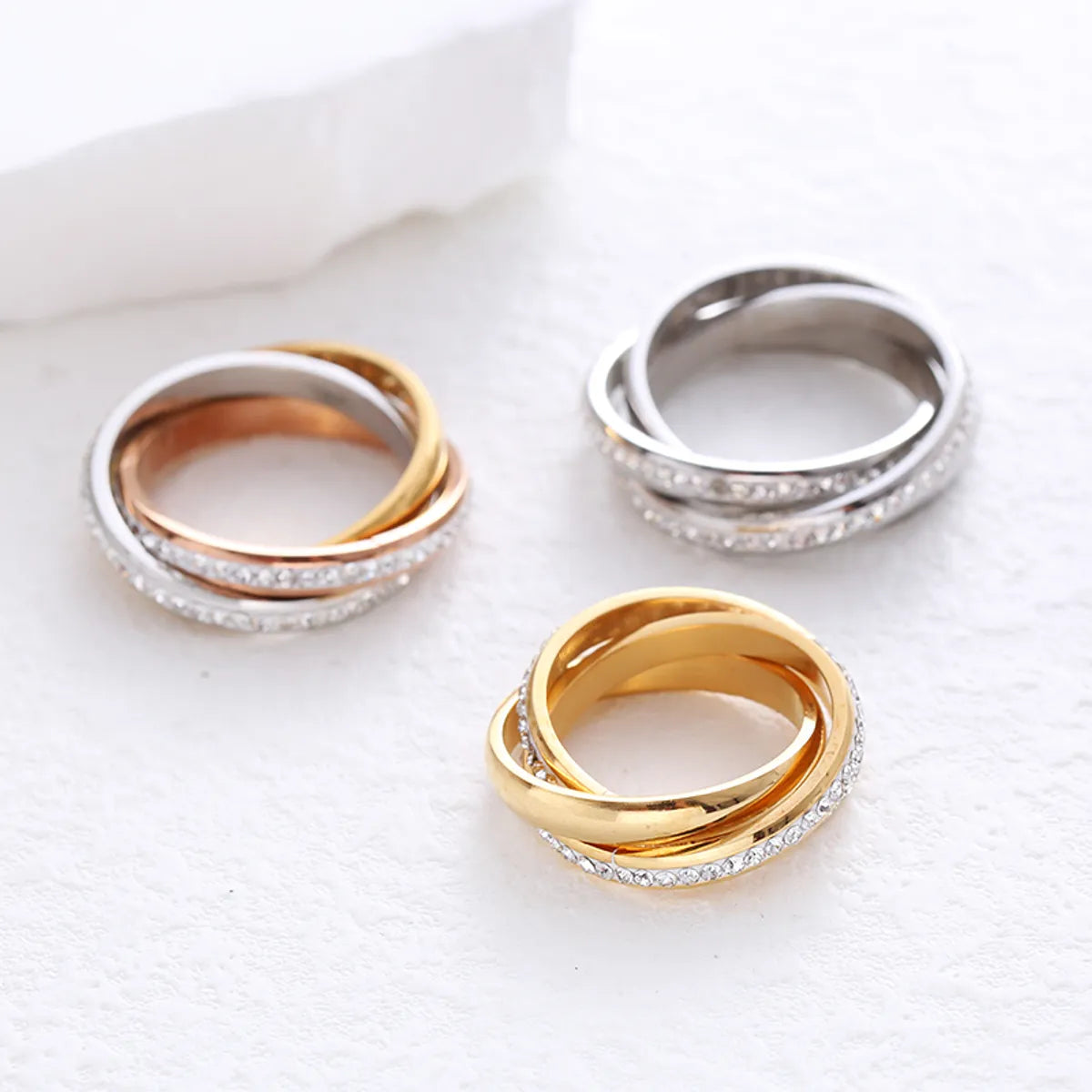 Simple Style Solid Color Stainless Steel Plating Inlay Rhinestones 24k Gold Plated Rings