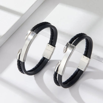 Simple Style Solid Color Stainless Steel Pu Leather Silver Plated Men'S Bracelets