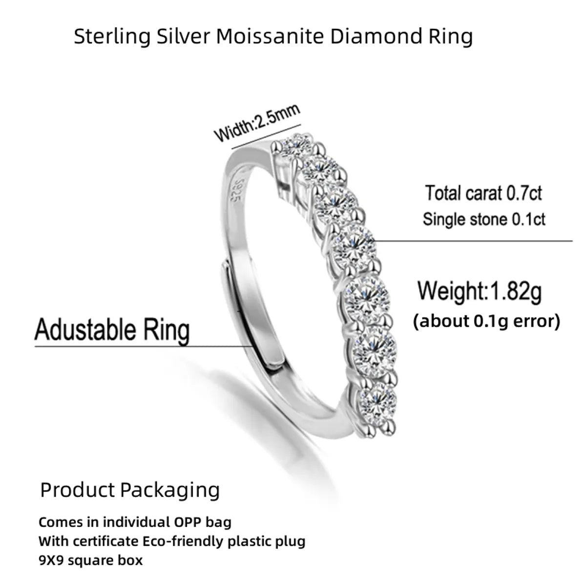 Simple Style Solid Color Sterling Silver Inlay Moissanite White Gold Plated Open Rings