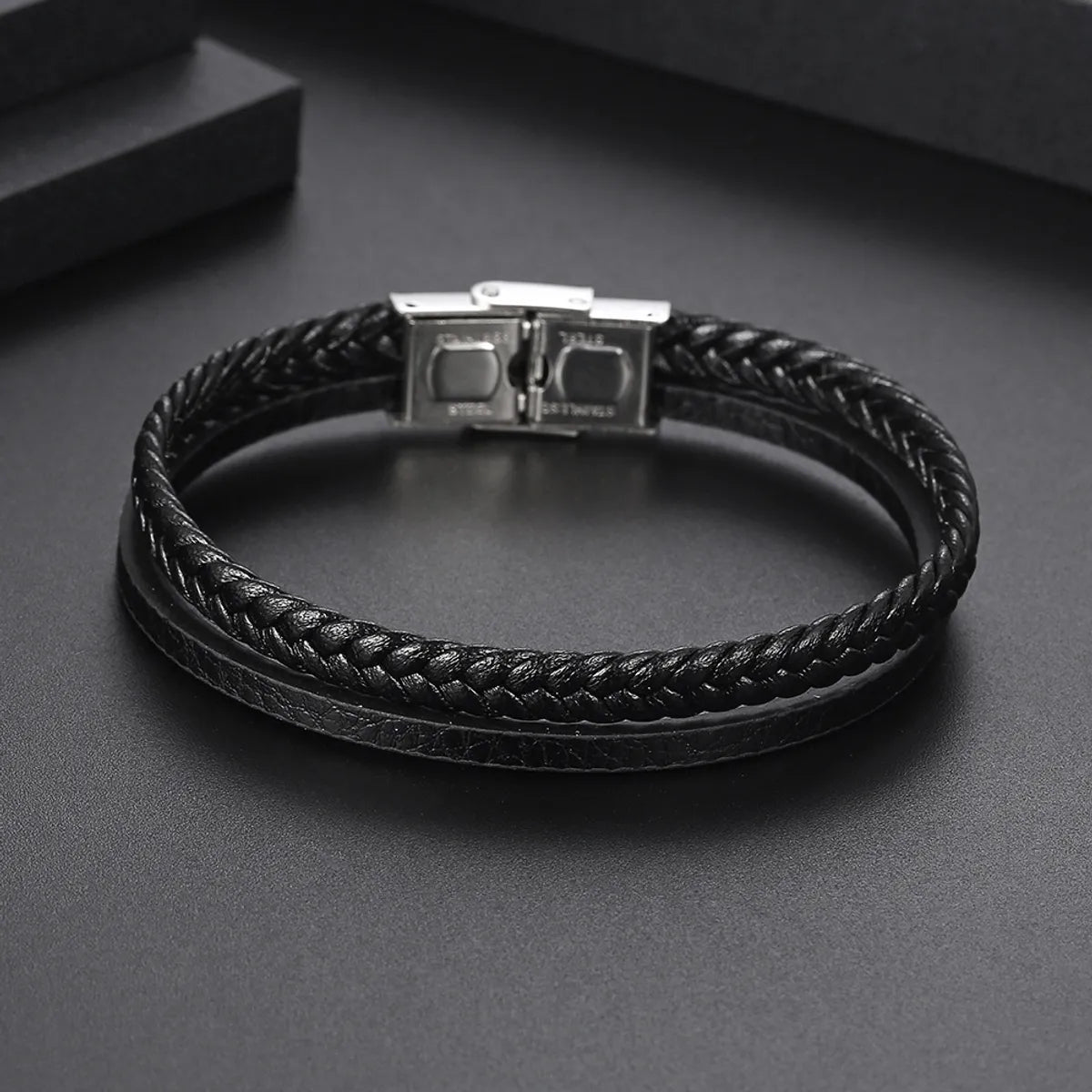 Simple Style Solid Color 304 Stainless Steel Pu Leather Polishing Men'S Bracelets