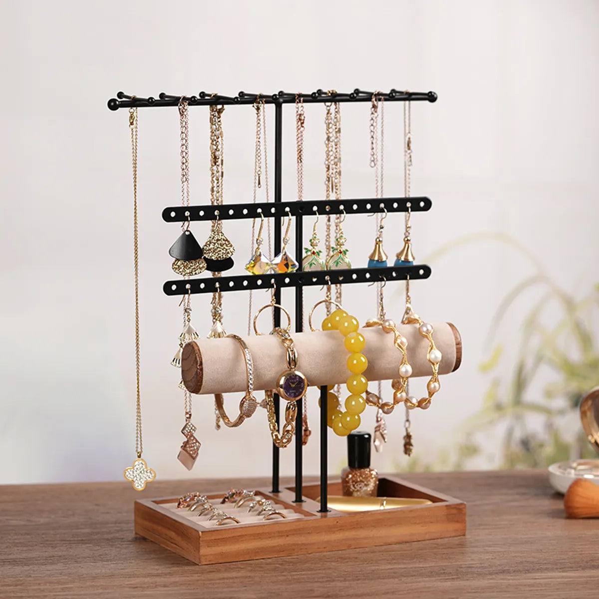 Simple Style Solid Color Wood Iron Jewelry Rack