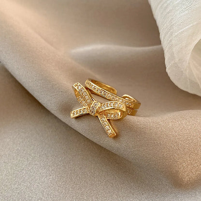 Simple Style Square Flower Bow Knot Copper Hollow Out Inlay Zircon Open Ring 1 Piece