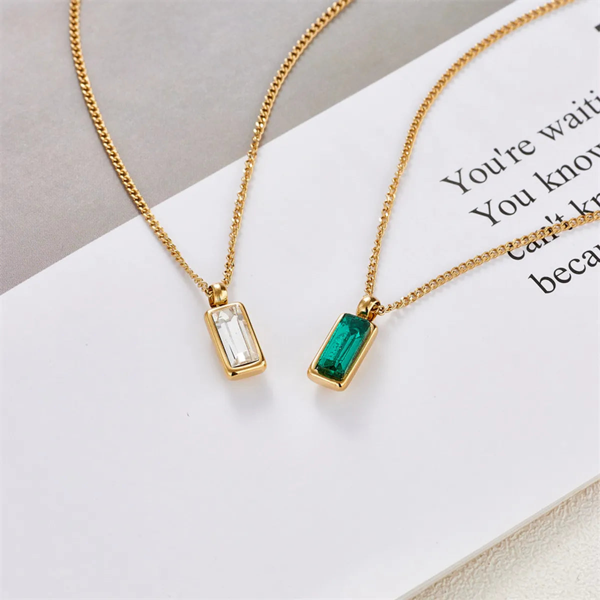 Simple Style Square Inlaid Emerald Zircon Stainless Steel Pendant Necklace