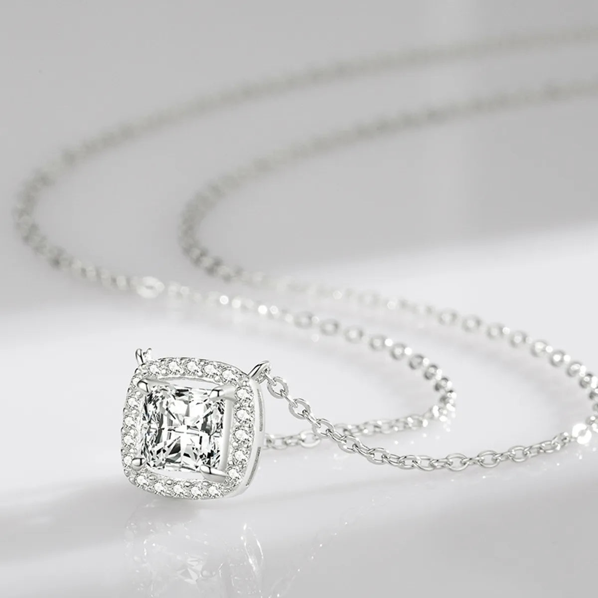 Simple Style Square Sterling Silver Plating Inlay Zircon Rhodium Plated Pendant Necklace