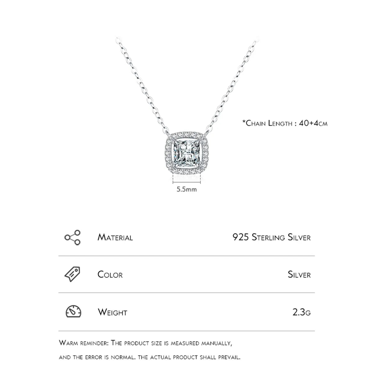 Simple Style Square Sterling Silver Plating Inlay Zircon Rhodium Plated Pendant Necklace