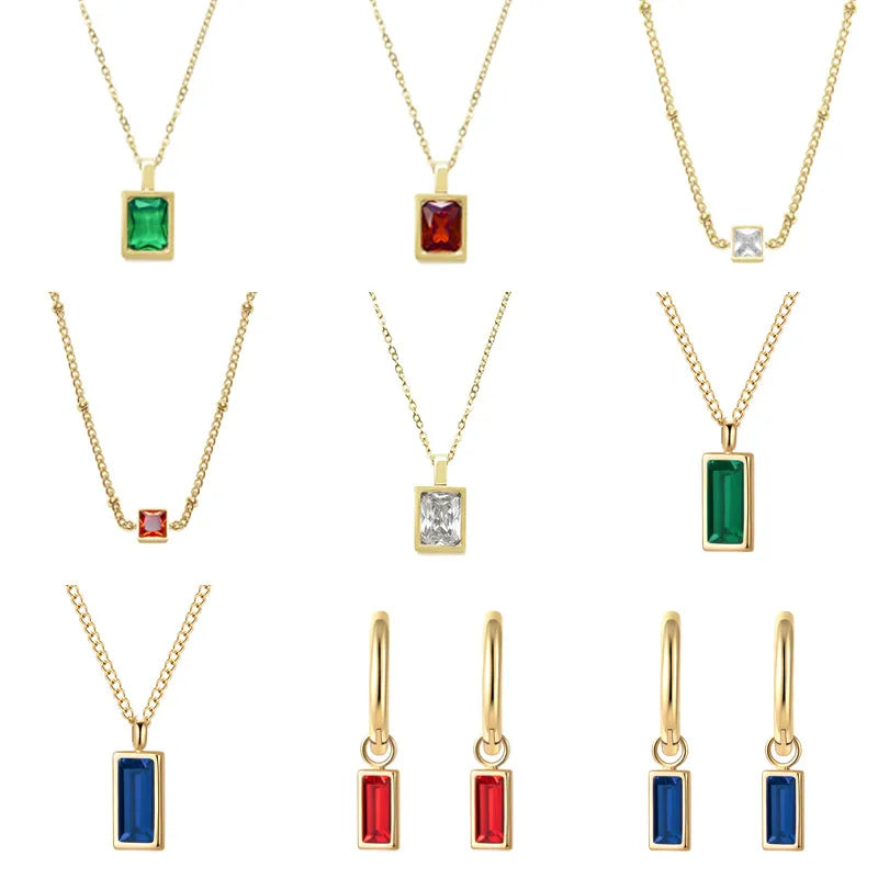 Wholesale Jewelry Simple Style Square 304 Stainless Steel Zircon 18K Gold Plated Inlay Earrings Necklace