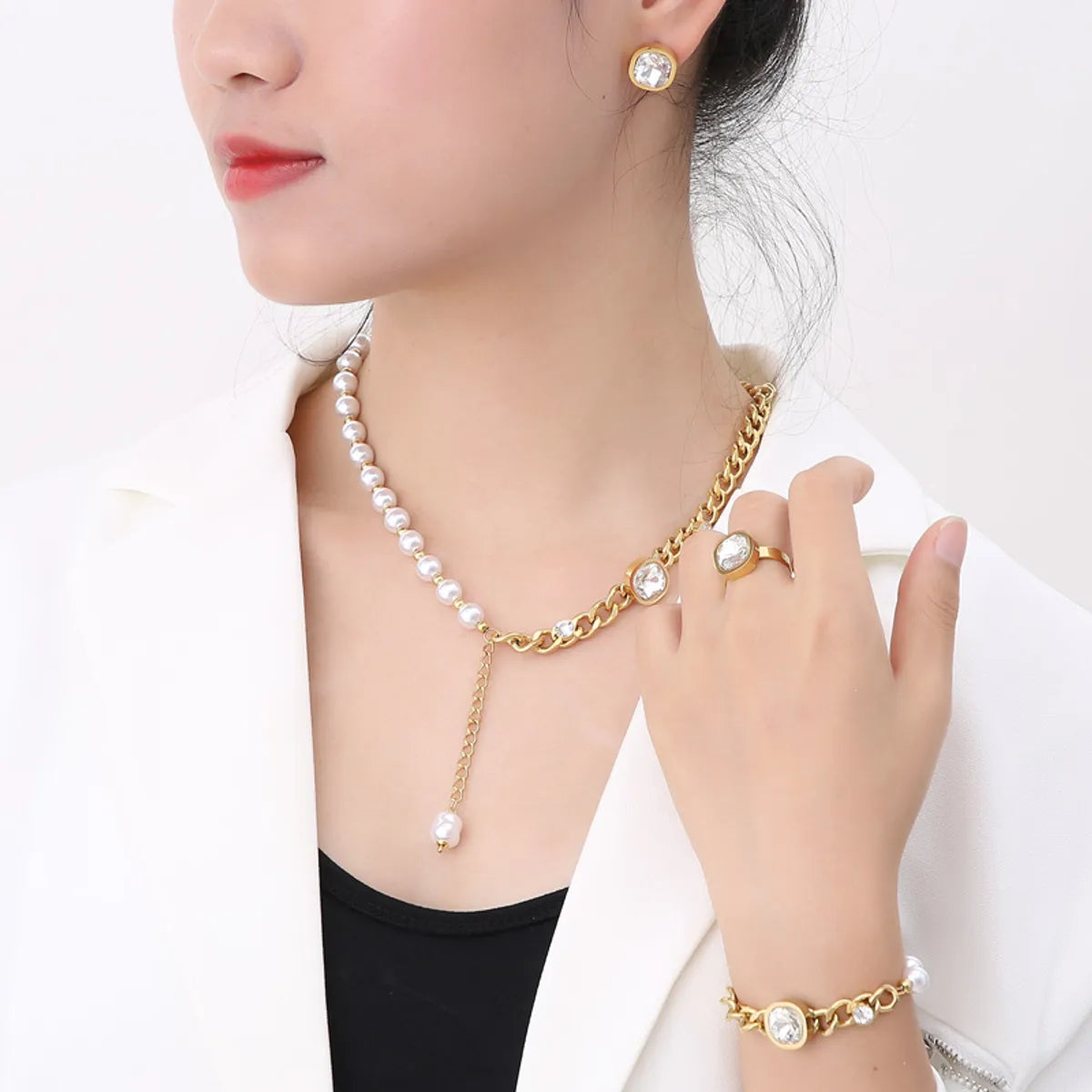 Wholesale Simple Style Square Water Droplets Stainless Steel Plating Inlay 18k Gold Plated Zircon Jewelry Set