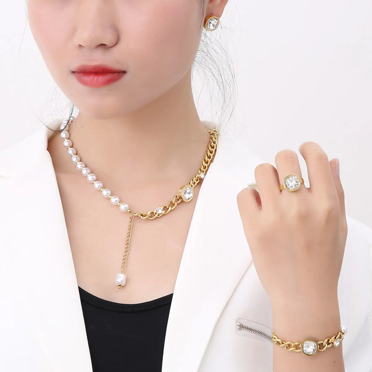 Wholesale Simple Style Square Water Droplets Stainless Steel Plating Inlay 18k Gold Plated Zircon Jewelry Set