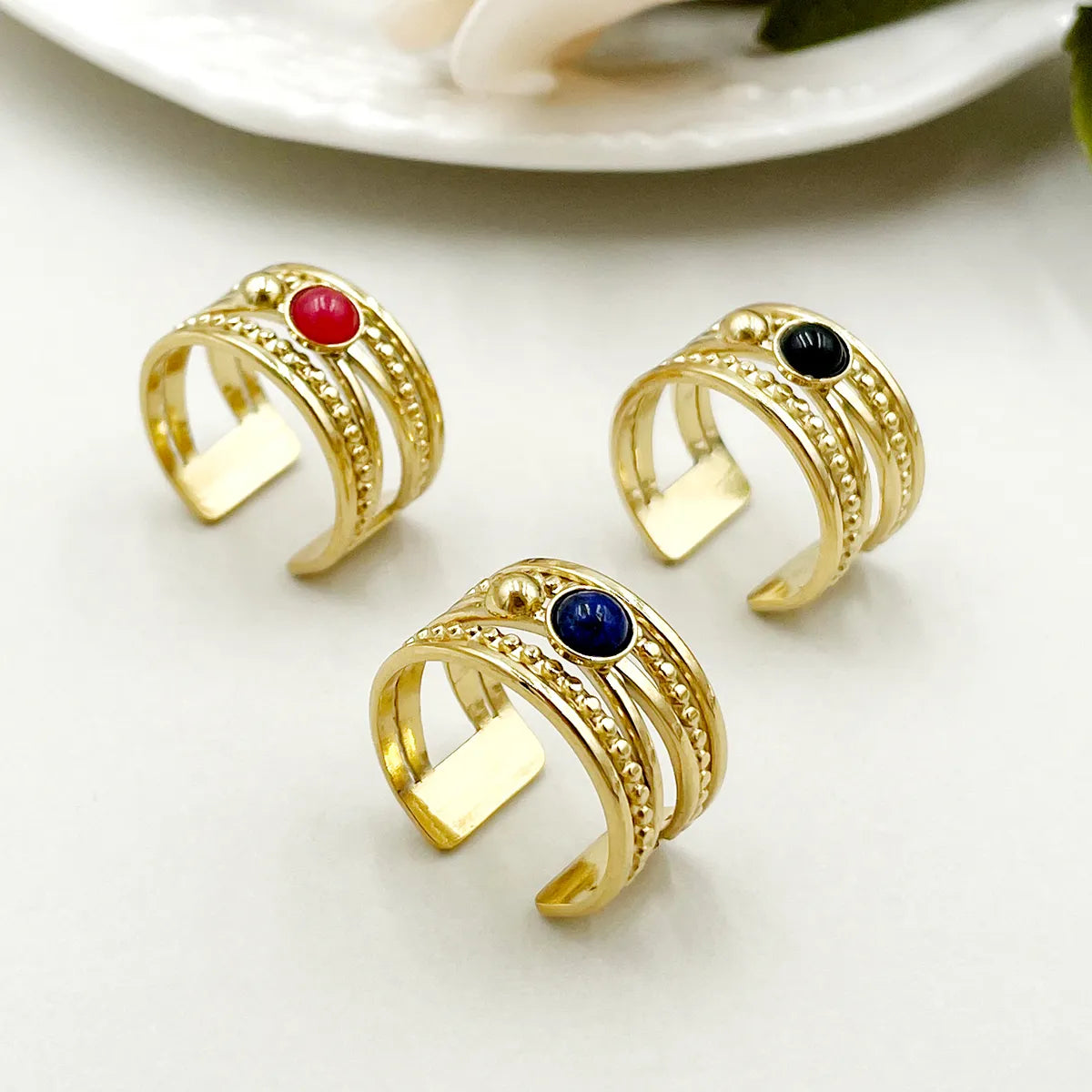 304 Stainless Steel 14K Gold Plated Simple Style Layered Plating Inlay Natural Stone Open Rings