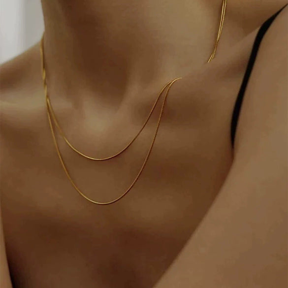 Simple Style Stainless Steel Snake Chain Necklace Pvd Electroplated Gold Square Snake Bone Multi Layer Stacked Geometric Style Sweater Chain For Women