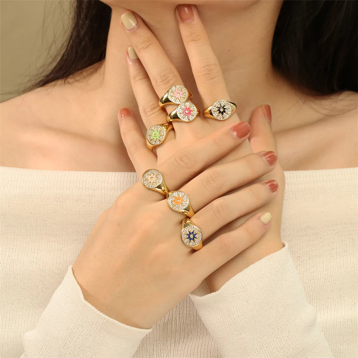 Simple Style Star Copper Enamel Plating Inlay Zircon 18k Gold Plated Open Rings