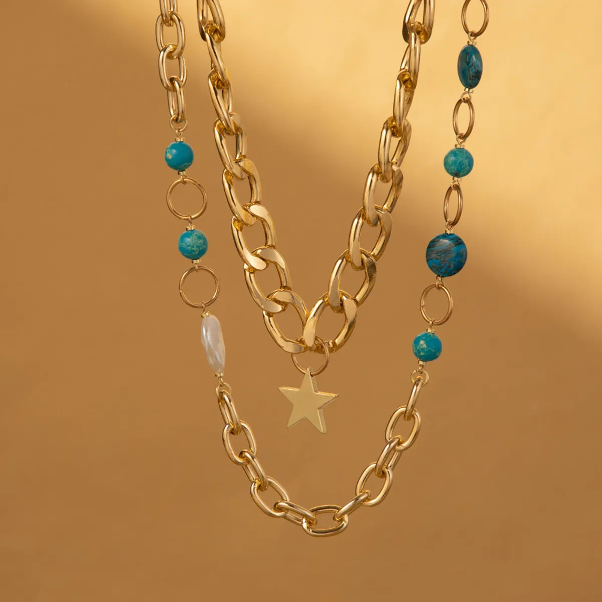 Simple Style Star Imitation Pearl Natural Stone Aluminum Inlay Natural Stone Layered Necklaces