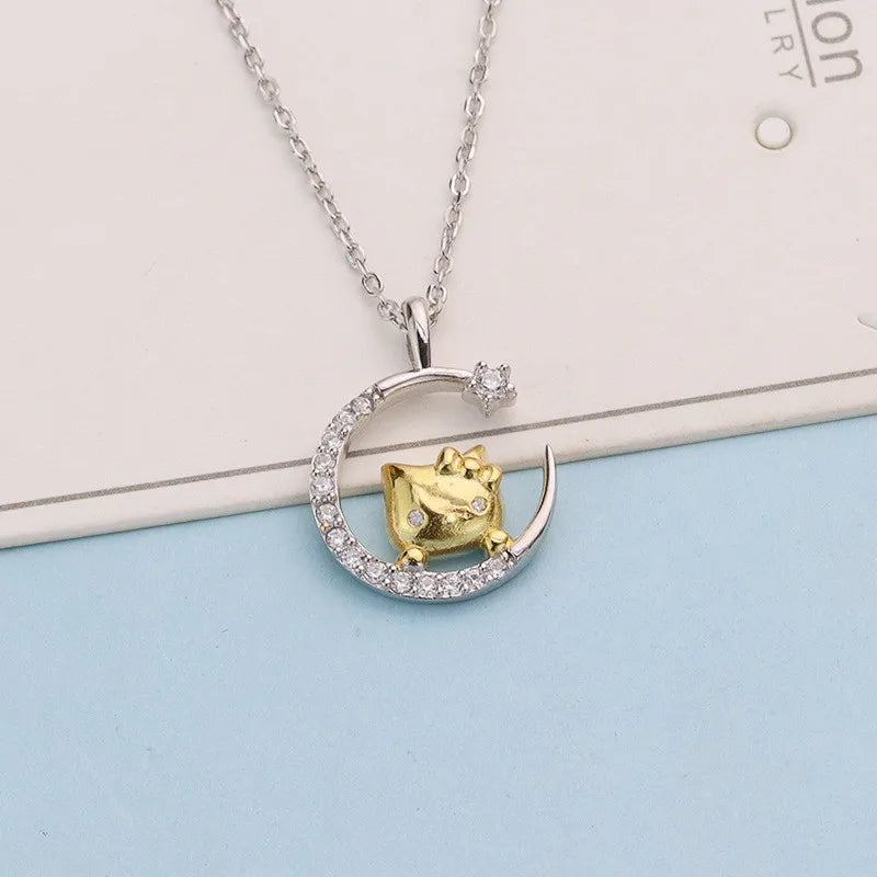 Simple Style Star Moon Cat Copper Plating Inlay Artificial Diamond Gold Plated Silver Plated Pendant Necklace