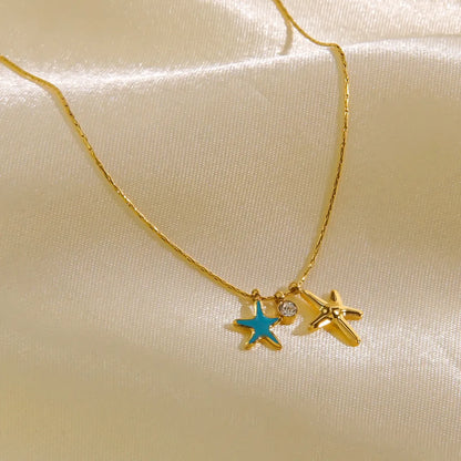 Simple Style Starfish Stainless Steel Titanium Steel Enamel Inlay Zircon Pendant Necklace