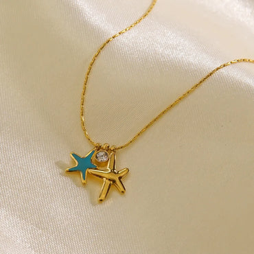 Simple Style Starfish Stainless Steel Titanium Steel Enamel Inlay Zircon Pendant Necklace