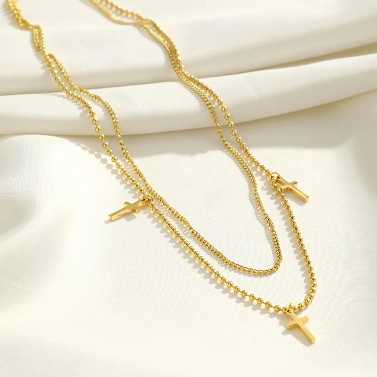 Simple Style Streetwear Cross Stainless Steel Plating 18k Gold Plated Double Layer Necklaces