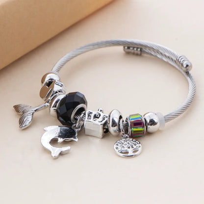 Simple Style Streetwear Leaves Dolphin Fish Tail Stainless Steel Plating Inlay Zircon Bangle