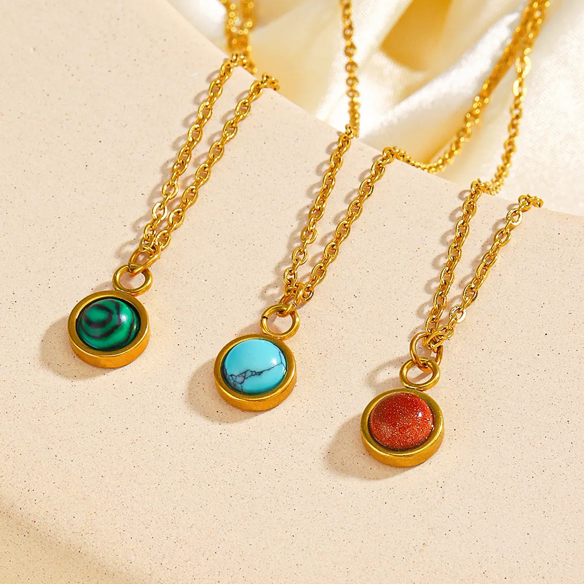 Simple Style Streetwear Round Stainless Steel Plating Inlay Malachite Turquoise 18k Gold Plated Pendant Necklace