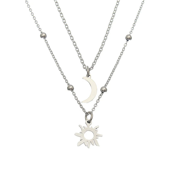 Wholesale Jewelry Simple Style Sun Moon 304 Stainless Steel 18K Gold Plated Double Layer Necklaces