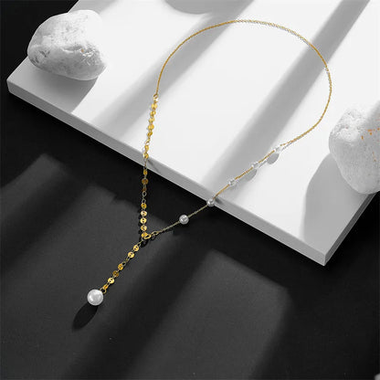 Imitation Pearl Titanium Steel 18K Gold Plated Simple Style Tassel Pendant Necklace