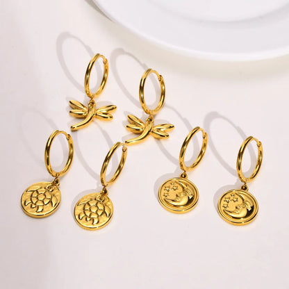 Simple Style Tortoise Round Dragonfly Stainless Steel Plating Drop Earrings 1 Pair