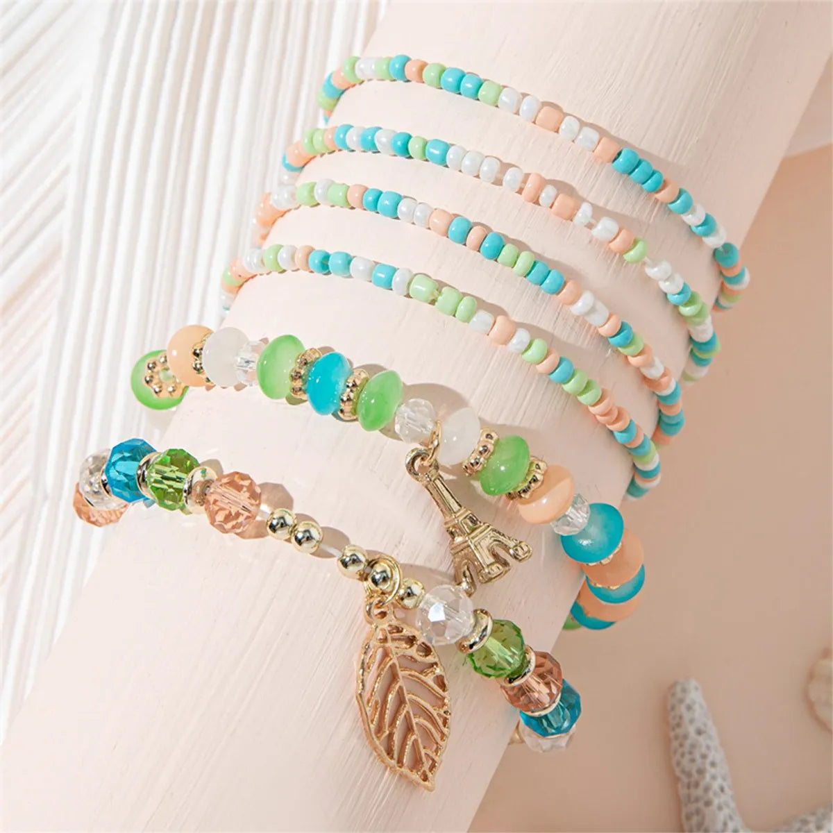 Simple Style Tower Leaves Artificial Crystal Alloy Beaded Layered Women's Bracelets