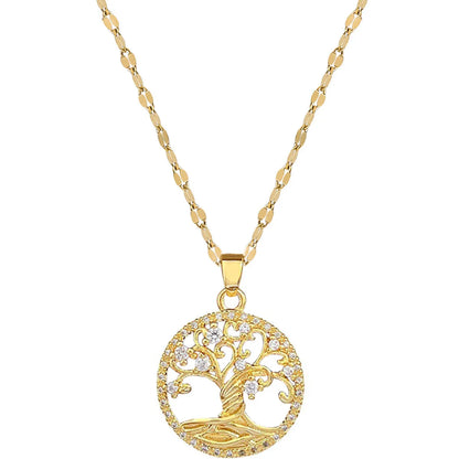 Wholesale Simple Style Tree Of Life Titanium Steel Copper Inlay Artificial Gemstones Pendant Necklace