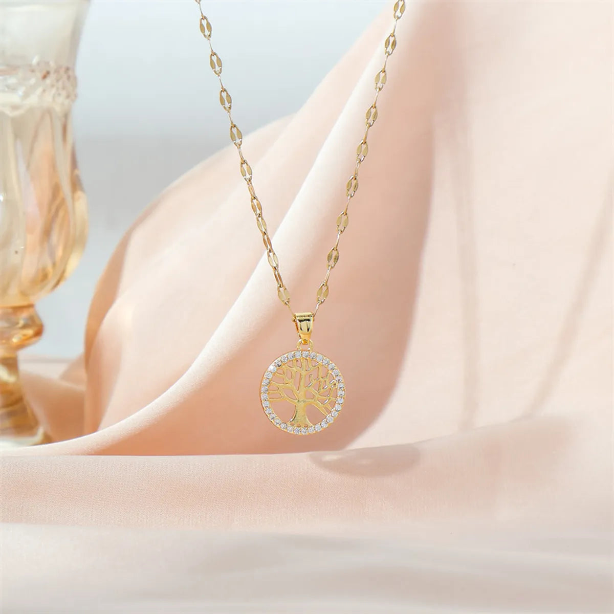 Simple Style Tree Stainless Steel Titanium Steel Plating Inlay Zircon 18k Gold Plated Pendant Necklace