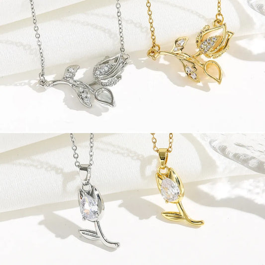 Simple Style Tulip Titanium Steel Plating Inlay Opal Zircon Gold Plated Silver Plated Pendant Necklace