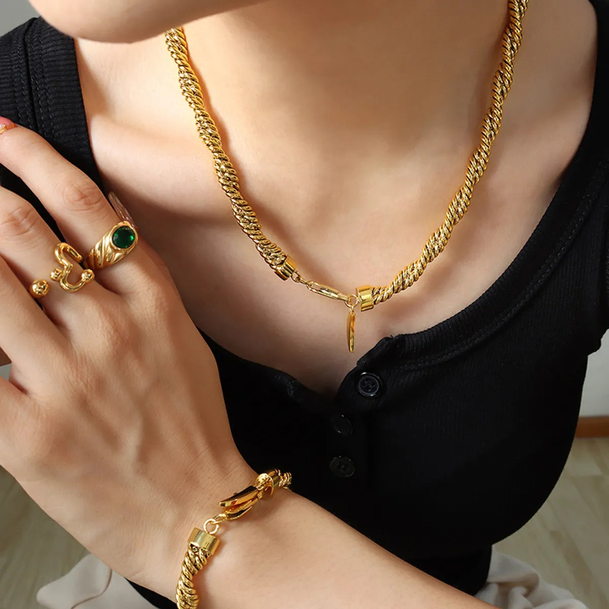 Simple Style Twist Titanium Steel Gold Plated Bracelets Necklace