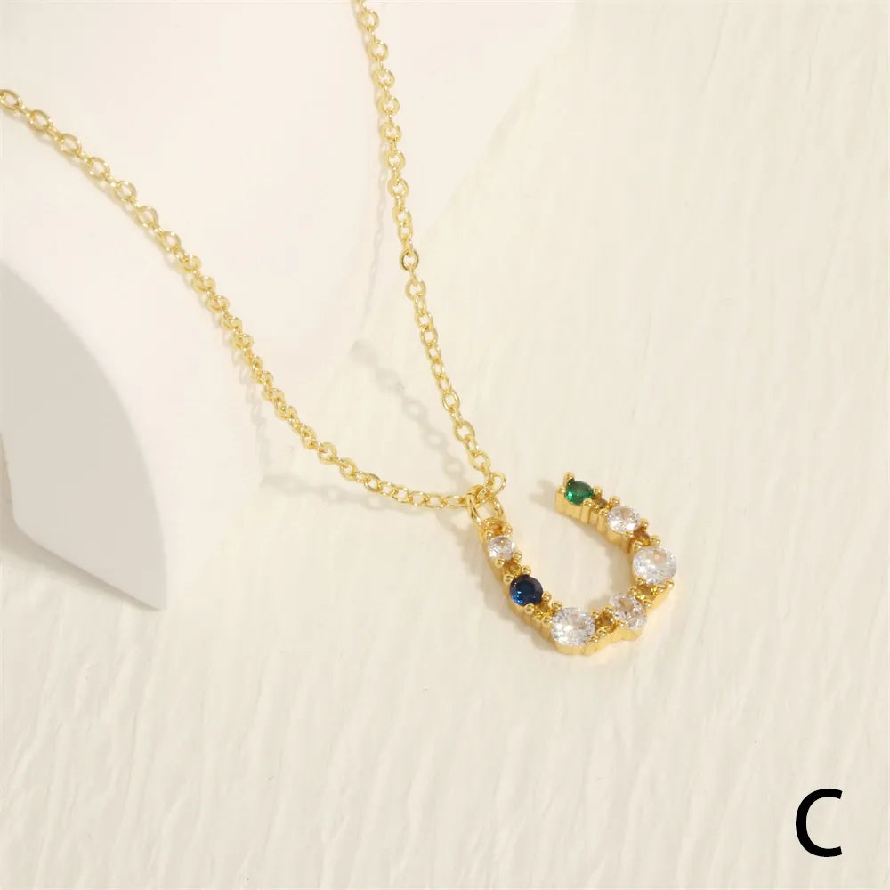 Simple Style U Shape Copper Plating Inlay Zircon 18k Gold Plated Pendant Necklace