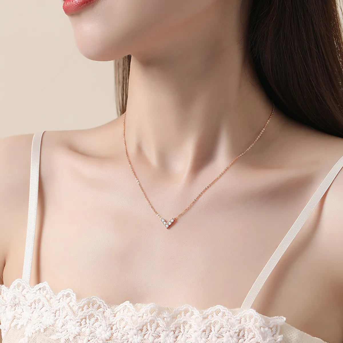 Simple Style V Shape Sterling Silver Polishing Plating Inlay Zircon Necklace